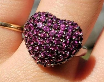 Sterling Silver Heart Ring Statement 925 Crystals Bling Glam Purple Size 8.25 Vintage Heart Cocktail Ring VLV Runway Chunky Cubic Zirconia