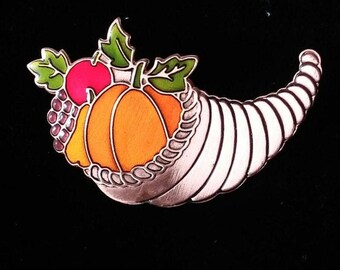 Art Deco Vintage Fall Thanksgiving Brooch Pin Pumpkin Gourd Cold Enamel Copper Unique Mod Statement Mad Men Cornucopia Harvest Halloween