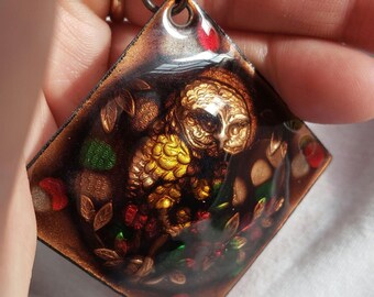 Owl Necklace Statement Pendant Vintage Stained Glass Glazed Enamel Solid Copper Modernist Unique  60s Groovy Geometric Retro Guilloche