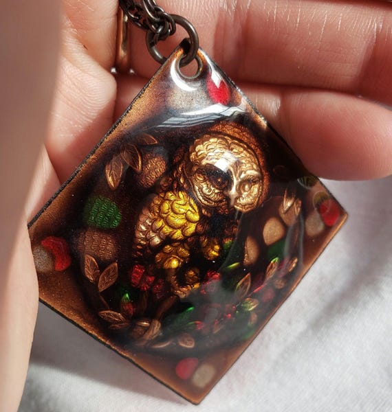 Owl Necklace Statement Pendant Stained Glass Glaz… - image 1