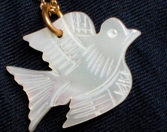 Peace Dove Necklace Carved MOP Love Joy Pendant Mother of Pearl Mid Century 1960s 1970s Unique Spiritual Jesus Christian Catholic Vintage