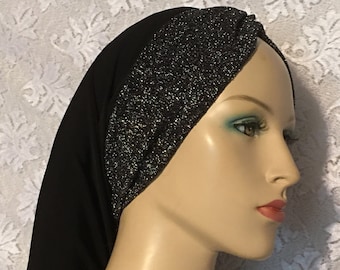 Turbante negro y plateado • Redecilla para el cabello de mujer • Tichel • Pañuelo • Cubrecabezas renacentista • Turbante • Prenda de modestia • Pérdida de cabello