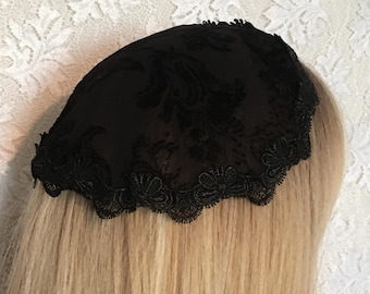 Cubrecabezas negro transparente con diseño de doilies, ribete veneciano, regalo para Bat Mitzvah, gorro de capilla, elegante tocado, doilies judíos, kipa, modesto cubrecabellos