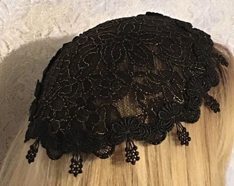 Black Gold Embroidery Lace Doily Headcover, Bat Mitzvah Gift, Lace Chapel Cap, Fancy Head Covering, Jewish Doilies Kippot, Kippa, Veil