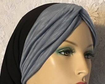 Black Dusty Blue Turban Knot Snood Head Covering, Women Hair Snoods, Tichel, Scarf, Renaissance Headcovering, Modesty Wear, Hair Loss Cap