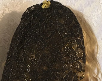 Black Gold Floral Bat Mitzvah Head Covering, Lace Hair Cover, Bar Mitzvah Headcovering, Doily Headcover, Lady Kippah Kippot Hat, Modest Veil