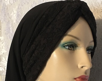 Turbante negro para mujer - Prendas de modestia renacentistas, bufanda, tichel - Gorro para la caída del cabello, redecillas para el cabello, tocado renacentista
