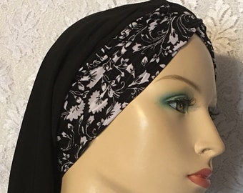 White Floral Black Turban Snood Head Covering • Women Hair Snoods • Tichel Scarf • Renaissance Headcovering • Modesty Wear • Hair Loss Cap