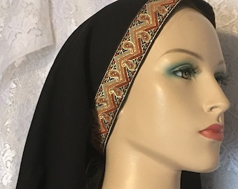 Bufanda negra Sinar • Banda de jacquard estilo delantal para cubrir la cabeza • Tichel • Cobertura para la cabeza • Pérdida del cabello • Mitpachat • Ropa modesta para mujeres • Turbante