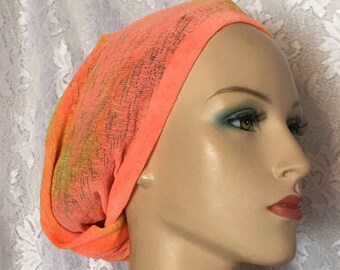 Headwrap | Stretch Orange Tie Dye Head Wrap | Snood | Turban | Cancer Cap | Headcovering | Head Covering | Tichel Mitpachat | Headwrap
