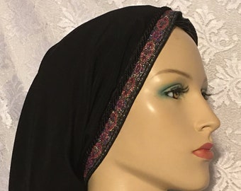 BLACK Hair Snood | Peach Skin Jacquard Band Head Covering | Tichel | Mitpachat | Headcovering | Modest Headcover | Chemo Cap Renaissance