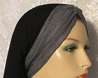 Black Gray Turban Knot Snood Head Covering • Women Hair Snoods • Tichel • Scarf • Renaissance Headcovering • Modesty Wear • Hair Loss Cap