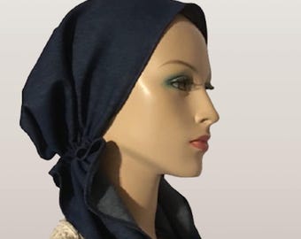 Pre-Tied Denim Head Scarf for Cancer Patients – Cotton Slip-On Tichel, Chemo Headwrap, Modest No Tie Cap, Easy Wear Pretied Headcover
