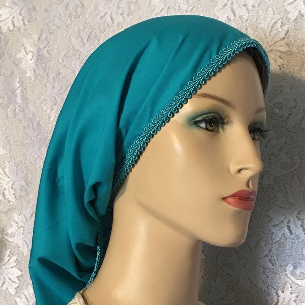 Green Turquoise All Cotton Snood Head Covering, Hair Snoods 4 Women, Tichel, Renaissance Headcover, Modesty Wear, Hair Loss Cap, Headwrap