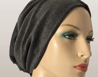 Stretch Turban Snood Cap, Gray Soft Head Wrap, Modest Head Cover, Beanie Cap Hair Loss or Chemo Cap, Gift for Her, Boho Slouchy Hair Cover