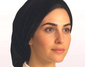 Black Velvet SLIP ON Snood Turban Band Front Head Covering Hairwrap Tichel Scarf Mitpachat Headcovering Modest Wear Chemo Cover Headwrap