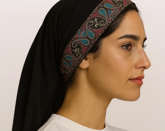 BLACK Hair Snood | Peach Skin Jacquard Band Head Covering | Tichel | Mitpachat | Headcovering | Modest Headcover | Chemo Cap Renaissance