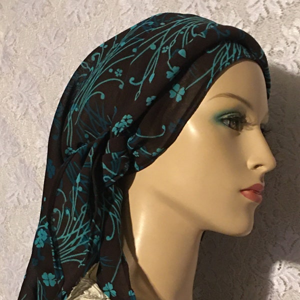 Teal Floral Wrapping Scarf Tichel | Mitpachat | Head Covering | Headcovering | Modest Headcover | Jewish Scarves | Prayer Veil | Chemo | Cap