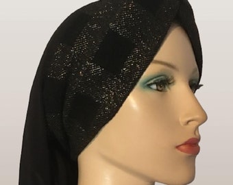 Turbante bohemio de oro negro para mujer, pañuelo para la cabeza bohemio elástico, modesto cobertor para el cabello, ideal para la caída del cabello, un regalo considerado para ella