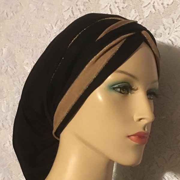 Black Tan Turban Snood Kopfbedeckung • Frauen Haar Rundschal • Tichel • Schal • Renaissance Kopfbedeckung • Turban • Modesty Wear • Haarausfall Kappe