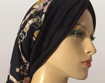Turbante floral azul marino para cubrir la cabeza, bufandas para el cabello para mujer, Tichel, bufanda, estilo renacentista, ropa discreta, gorro para la caída del cabello, protector de quimioterapia, pañuelo para la cabeza