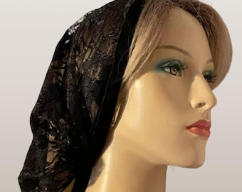 Black Satin Stitch Lace Kerchief Modest Covering with Velvet Ties, Lace Scarf for Women