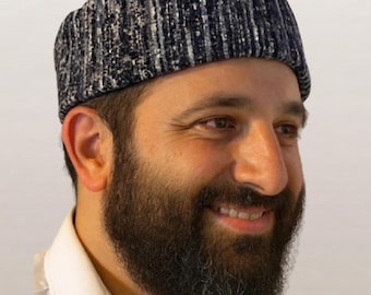 Blues Striped Chenille Tweed Geometric Kippah • Men's Jewish Yarmulke • Handmade USA