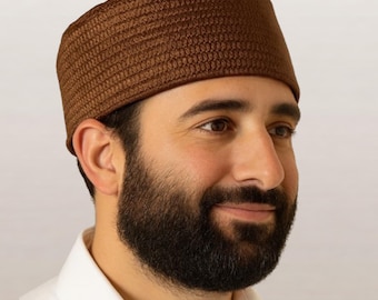 Brown Satin Textured Bucharian Kippah Hat, Handmade Jewish Yarmulke