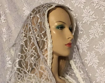 Velo de encaje blanco / Velo de mantilla de encaje / Envoltura de cabello de encaje / Cubierta de cabeza de encaje recortada / Velo de oración de encaje / Cubierta de cabeza de oración / Pañuelo de cabeza de encaje