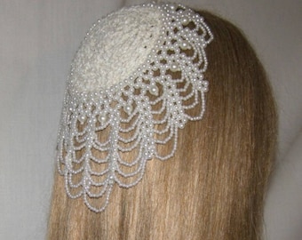 Pearl Beaded Kippah Head Covering | Cascading Pearl Beading | Special Occasion Headcovering | Bat Mitzvah | Kippot | Crocheted Wedding Kippa