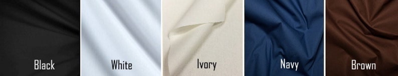 May include: Five fabric swatches in different colors: black, white, ivory, navy, and brown.