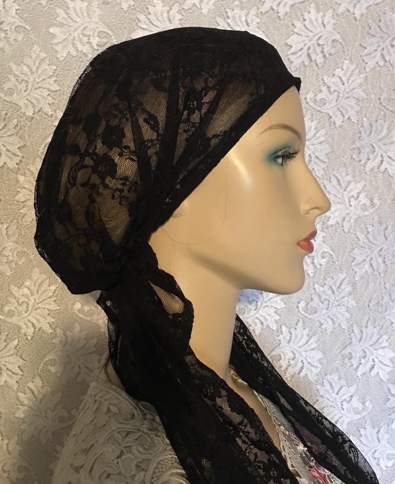 Slip-on black lace chemo headwrap, stylish and comfortable.