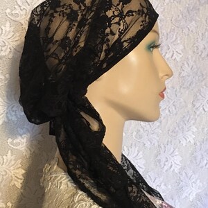Fashionable scarf for women in black lace. Stylish slip-on scarf for modesty or hair loss.