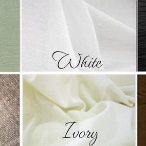 Swatch of fabric in six colors: ivory, brown, black, olive, white, and tan.