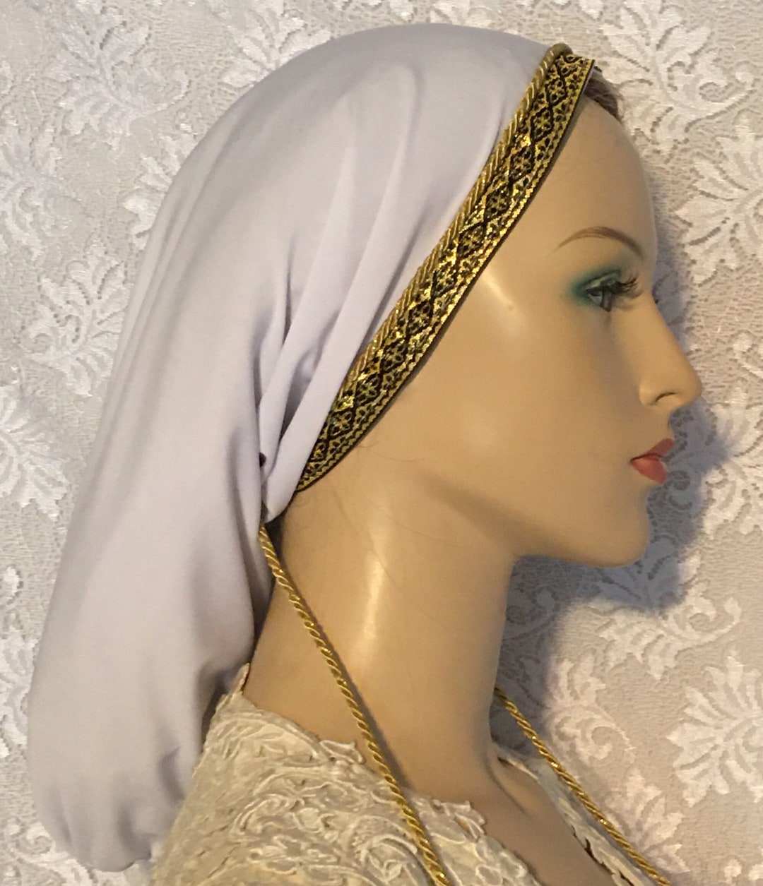 Snood Head Cover Gold Black Jacquard Trim Women's Hair Snoods Tichel