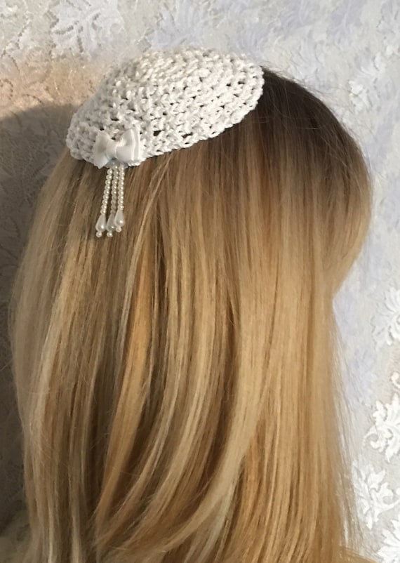 New handmade white color beaded wedding headpiece / Kippah White Faux Pearl Tassel Crocheted Kippah, Skullcap, Yarmulke  main image 4