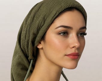 Olive Green Chemo Head Covering for Women • Lightweight Tichel Snood • Modest Head Scarf Wrap • Hair Loss Head Cover • Adjustable Tie Back