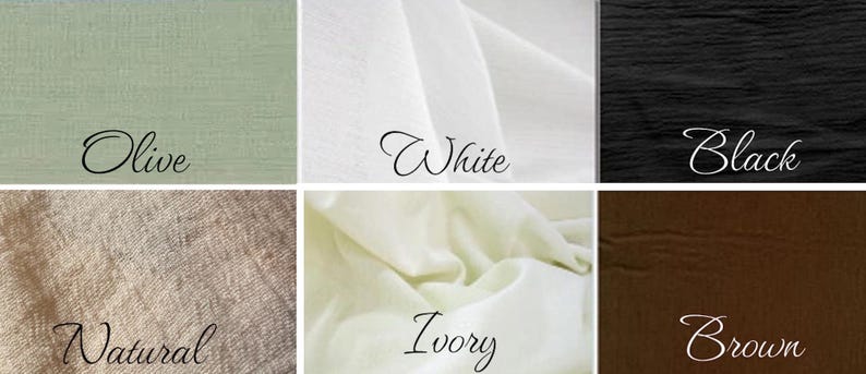 Swatch of fabric in six colors: ivory, brown, black, olive, white, and tan.
