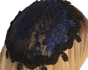 Navy Floral Lace Doily Kippah | Bat Mitzvah Doily Head Covering | Venise Trim Head Cover | Simcha Headcovering | Kippot | Chapel Cap | Hat