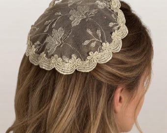 Ivory Organza Embroidered Doily Head Cover, Floral Chapel Cap, Bat Mitzvah Gift, Wedding Headpiece, Jewish Hair Doily