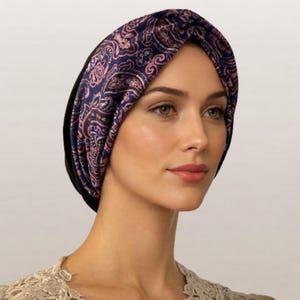 Navy Mauve Design Turban Snood Modest Hair Cover - Soft polyester Chemo Headwrap