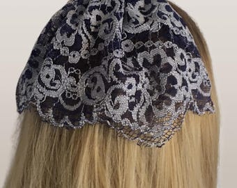 Blue Lace Kippah Head Covering for Women, Floral Chapel Cap, Bat Mitzvah Hair Cover, Scalloped Lace Doily Headcover, Round Head Covering