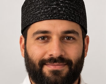 Sephardic Bucharian Kippah, Black Silver Stitch Woven Yarmulke, Traditional Jewish Head Covering, Wedding Kippot, Bar Mitzvah Gift