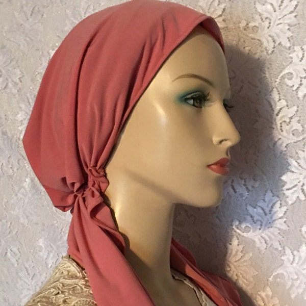 Coral Pre-Tied Scarf, Slip-On Chemo Headwrap, Pretied Cancer Scarves, Easy Wear - No Tying, Modest Tichel, Head Covering, Gift 4 Her, Snood