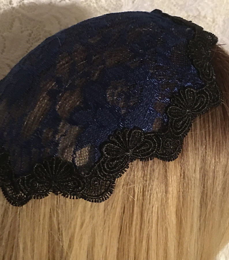 Elegant Lace Chapel Cap - Navy Blue Fancy Head Cover