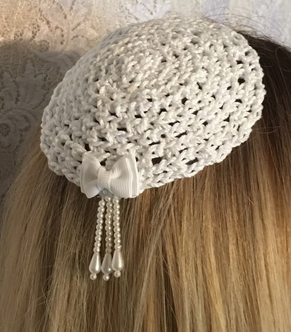 White Faux Pearl Tassel Crocheted Kippah, Skullcap, Yarmulke 
