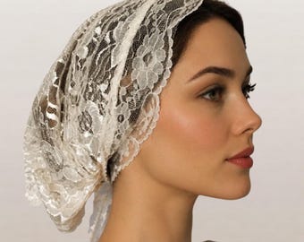 IVORY Lace Scarf Head Covering | Tichel | Lace Bandana | Lace Kerchief | Mitpachat | Headcovering | Head Scarves | Head Wrap | Veil | Hat