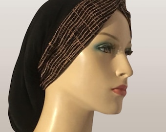 Black & Gold Turban Knot Snood | Women’s Tichel Scarf, Modest Hair Cover, Chemo Headwrap, Hair Loss Cap, Renaissance Snoods, Gift for Her