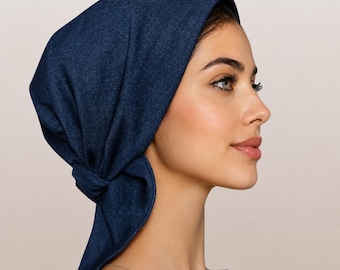 Denim Headband Scarf,  Modest Head Cover, Soft Cotton Hair Wrap, Chemo Headcovering, No Tying Tichel, Slip On Headcover, Hair Loss Headwear