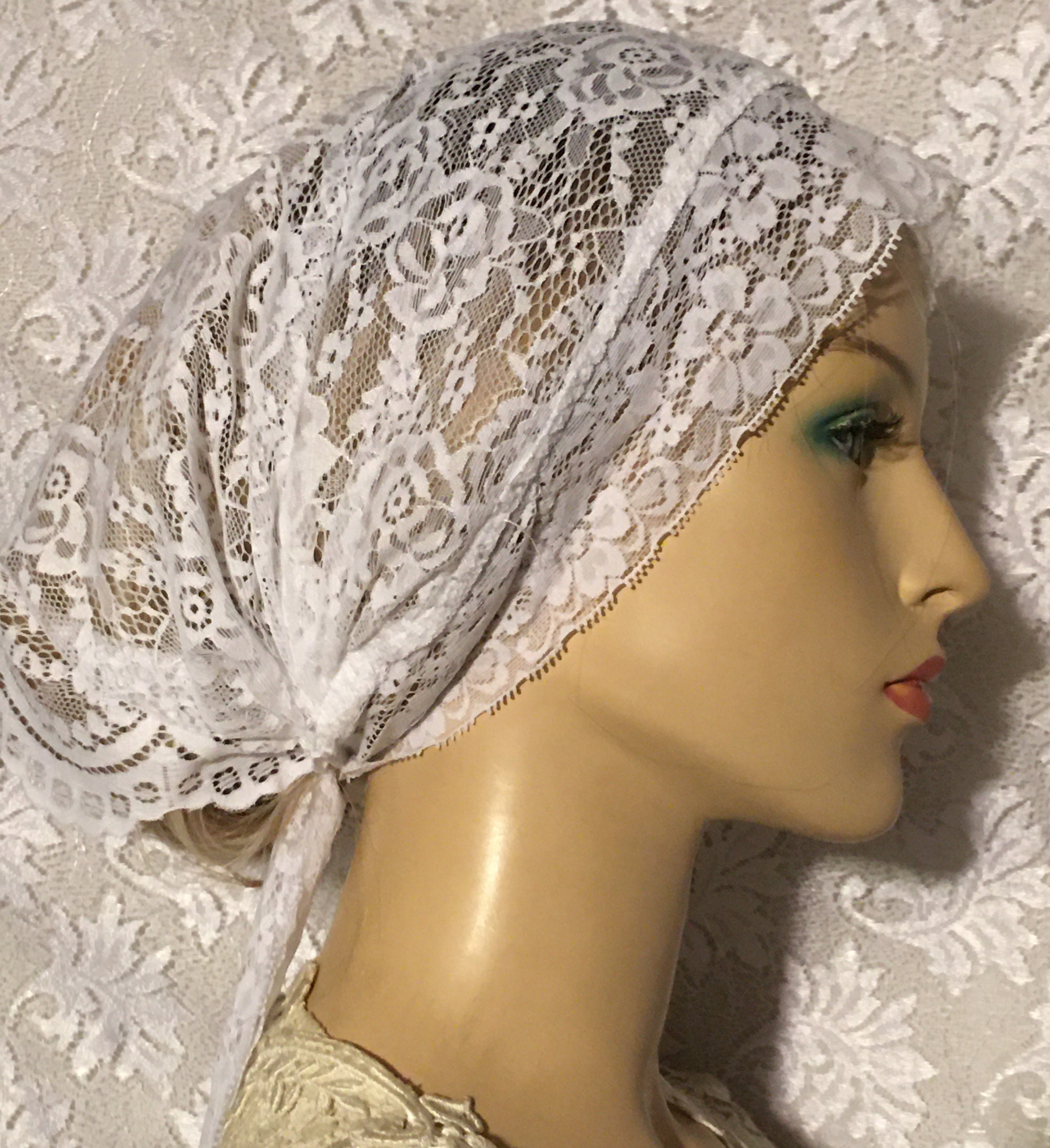 Lovely Royal Black Laces Handmade Mitpachat Head Covering-Scarf-Tichel Headband White Lace Scarf Headcovering - Tichel Bandana for Women  main image 4